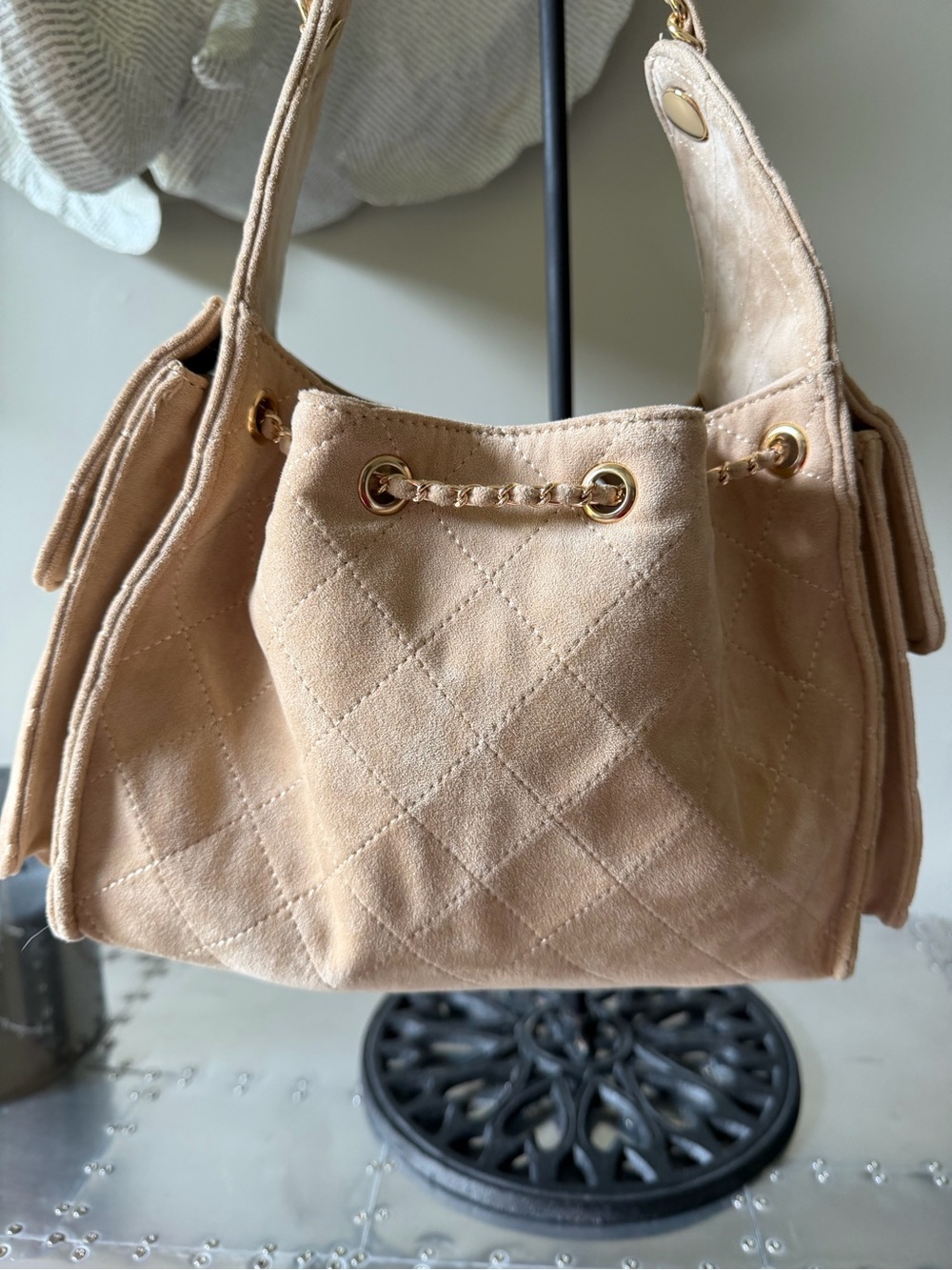 Suede Quilted Drawstring Shoulder Bag in Beige - Picture 2 of 15